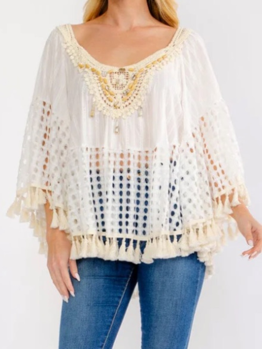 Boho womans LONG SLEEVE TASSEL TRIM CROCHET TUNIC TOP size S-M-L